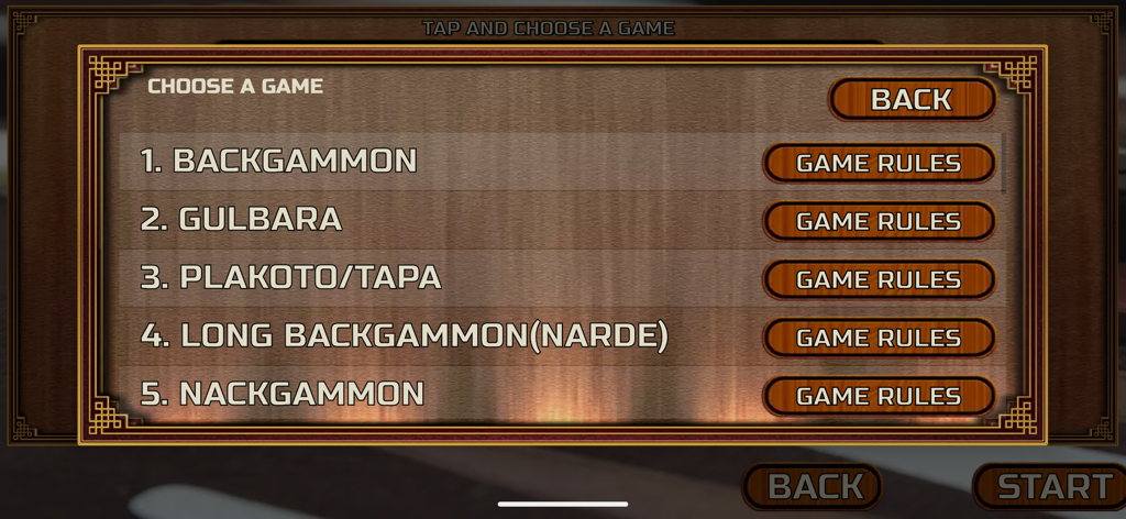 Backgammon 18 Online & Offline - Selection menu for Backgammon 18 showcasing variants like Gulbara and Long Backgammon