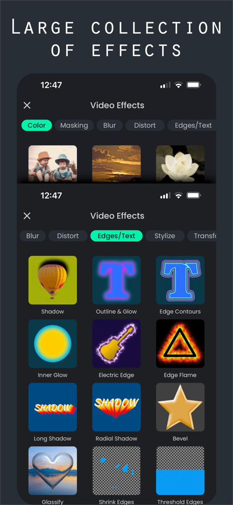 Superimpose V - Video Editor - Interface showing a large collection of video effects in the Superimpose V app.