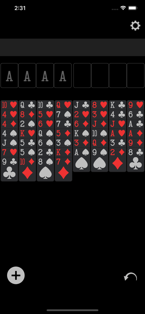 FreeCell (Classic Card Game) - Minimalist dark mode gameplay of FreeCell classic card game showing clearly readable cards in columns.