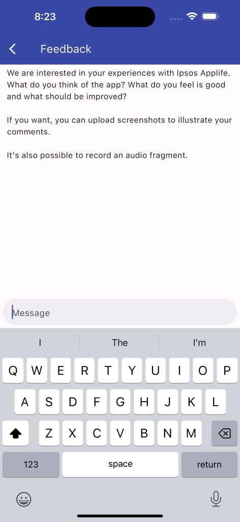 Ipsos AppLife - Ipsos AppLife mobile app feedback interface with text input field and user experience questions