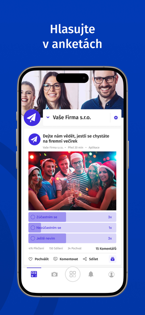 Smartphone displaying the MUNIPOLIS app with a community poll and survey feature for local events or company updates.