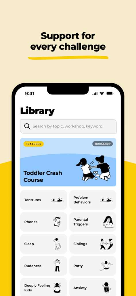 Good Inside: Parenting - The library screen of the Good Inside Parenting app featuring a toddler crash course and various parenting topics like tantrums and sleep