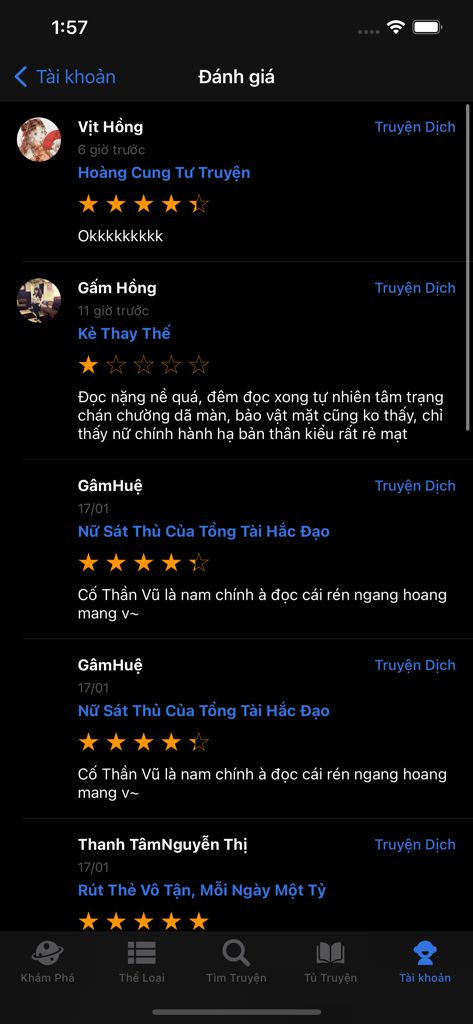 Truyện Full Đọc Truyện Offline - User reviews and star ratings for various novels in the Truyen Full app interface