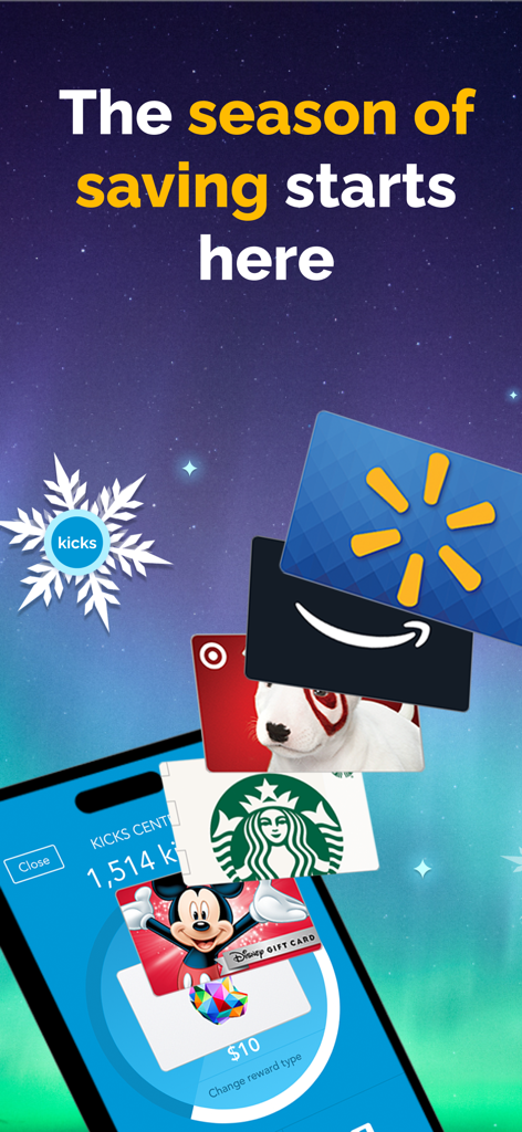 Shopkick app interface showing earned kicks and available gift cards for Walmart Amazon and Starbucks