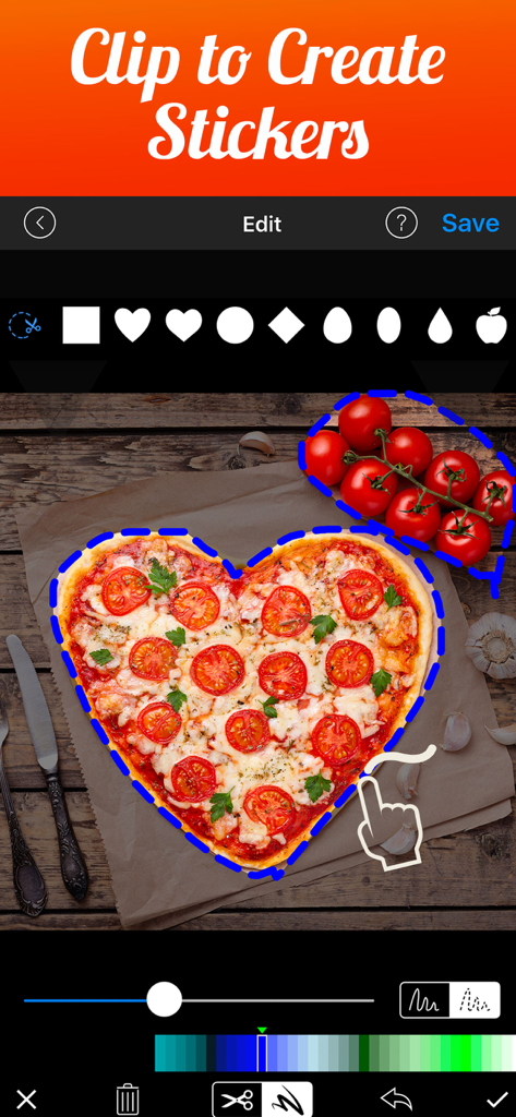 Photo Collage Maker & Creator - Interface of Photo Collage Maker showing the clip to create stickers feature with a heart shaped pizza