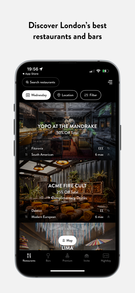 Nightkey: Exclusive Offers - Nightkey mobile app interface showing exclusive member discounts at London restaurants