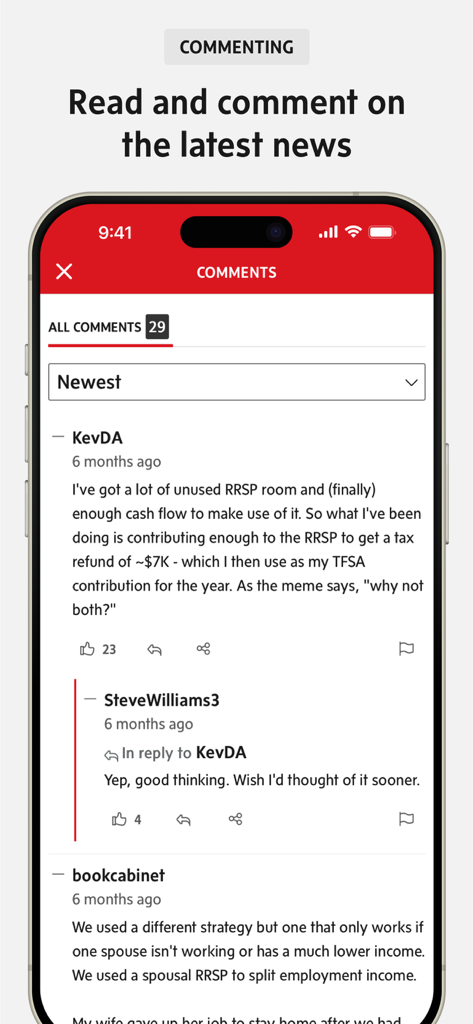 The Globe and Mail - The Globe and Mailニュースアプリのコメント機能を表示するスマートフォン。金融トピックに関するユーザーディスカッションが含まれています。