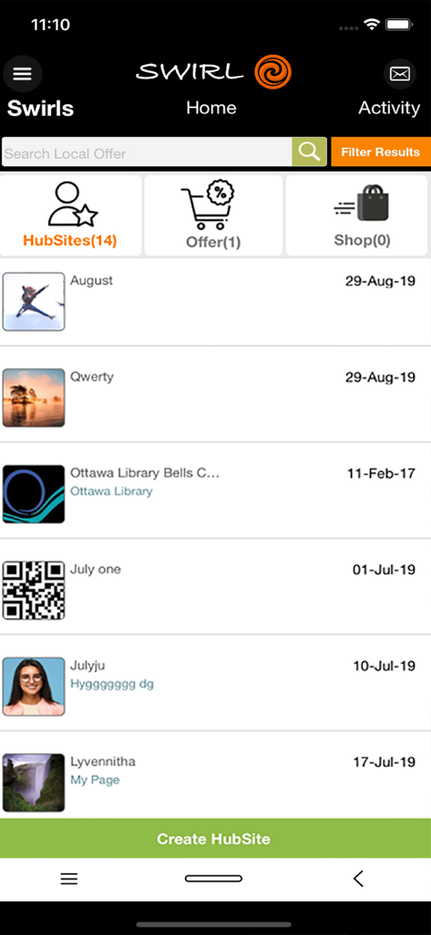 Swirl App - Interface of the Swirl App showing a list of local community HubSites with a search bar and create hubsite button