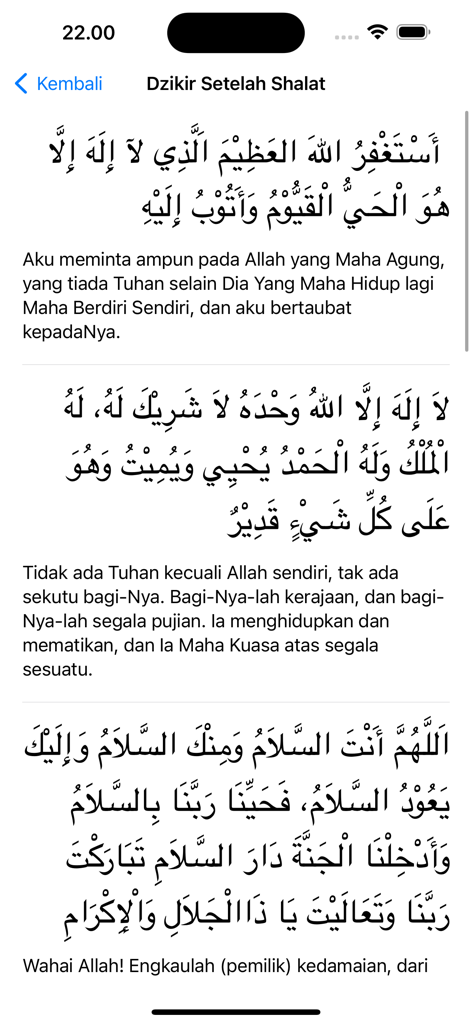 Tuntunan Shalat Lengkap - Mobile app screen displaying Arabic dzikir after prayer with Indonesian translations
