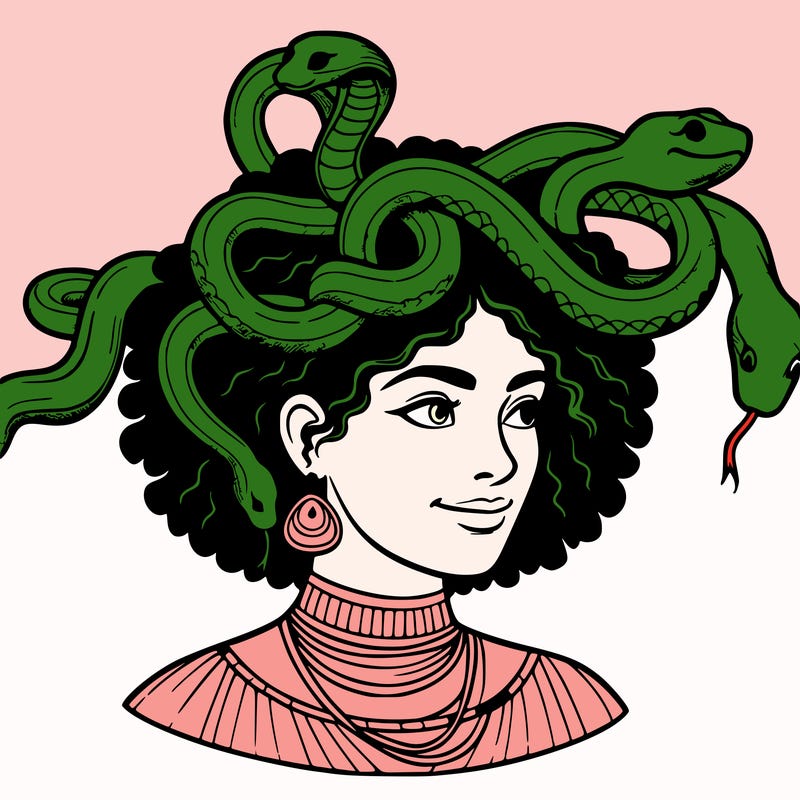 realistic woman snakes on head