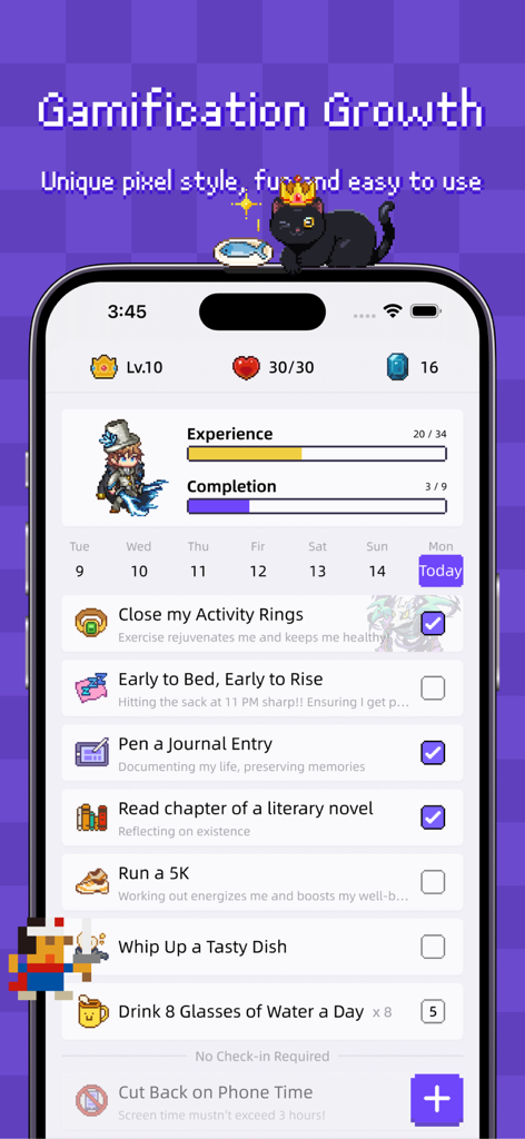 Habicat app interface showing gamified habit tracking with pixel art characters and progress bars