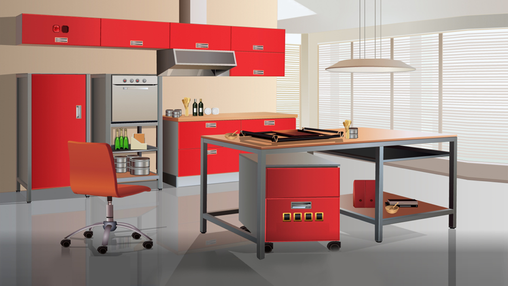 Prison Escape games-the room's secret 14 - A modern escape room scene featuring red cabinets and a central workstation with various puzzle elements in the game Prison Escape.