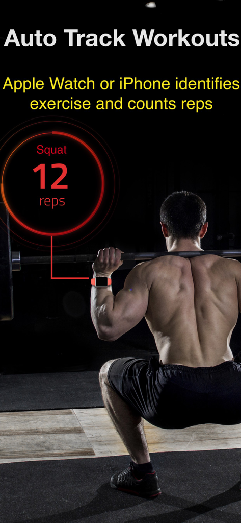 Gymatic Workout Tracker - Pantalla de la aplicación Gymatic mostrando el seguimiento automático de 12 repeticiones de sentadillas durante un entrenamiento de levantamiento de pesas