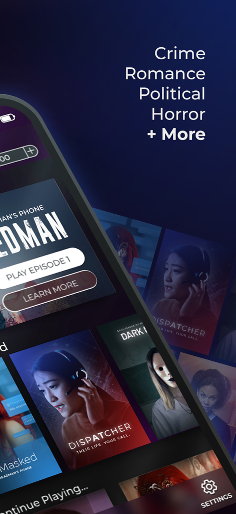 Scriptic: Crime Stories - Ein Smartphone-Bildschirm, der das Menü der Scriptic-App mit verschiedenen Titeln interaktiver Geschichten anzeigt, darunter Krimi- und Horror-Genres.