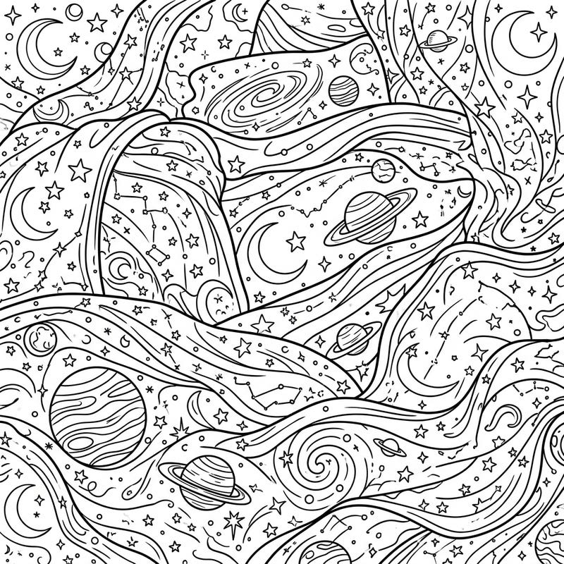 Dive into a universe of creativity with this enchanting coloring page, depicting cozy blankets adorned with intricate celestial patterns. Explore a delightful array of stars, moons, and planets, ready for your personal touch.
