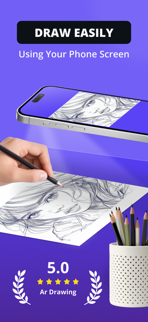 Hand tracing a portrait on paper using the Sketchify AR drawing app on an iPhone