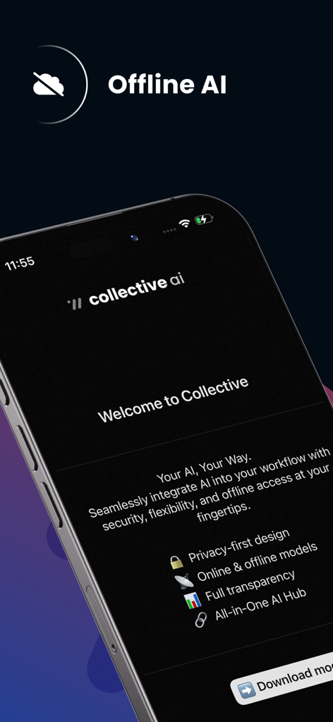 Collective AI - Pantalla de bienvenida de Collective AI mostrando funciones de IA sin conexión y diseño centrado en la privacidad en un iPhone