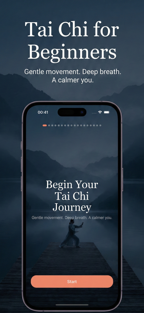 Tai Chi for Beginners: Flow - Tai Chi for Beginners Flow app welcome screen featuring a serene landscape and start button