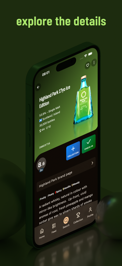 Drammer whisky app - Smartphone showing detailed whisky information and tasting notes on Drammer app