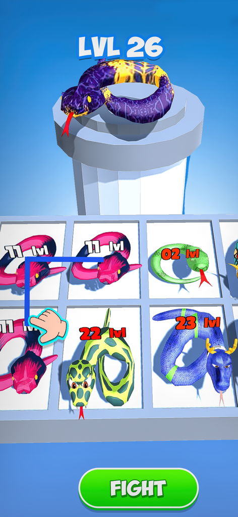 Una captura de pantalla del juego de Snake Run Merge & Evolve que muestra una cuadrícula para fusionar serpientes para subir de nivel y un botón de pelea.