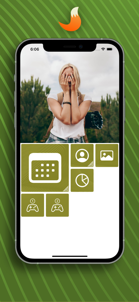 Haupt-Dashboard der Fox Tail Sex-Tagebuch-App mit Kacheln für Kalender, Profil, Statistiken und Spiele.