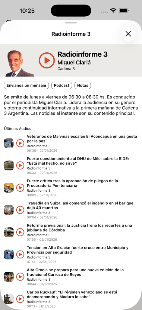 Cadena 3 app interface showing the Radioinforme 3 program with Miguel Claria and a list of latest news audios