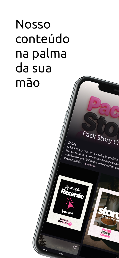 Pack Story Criativo app interface on a smartphone showing Instagram story stickers and backgrounds