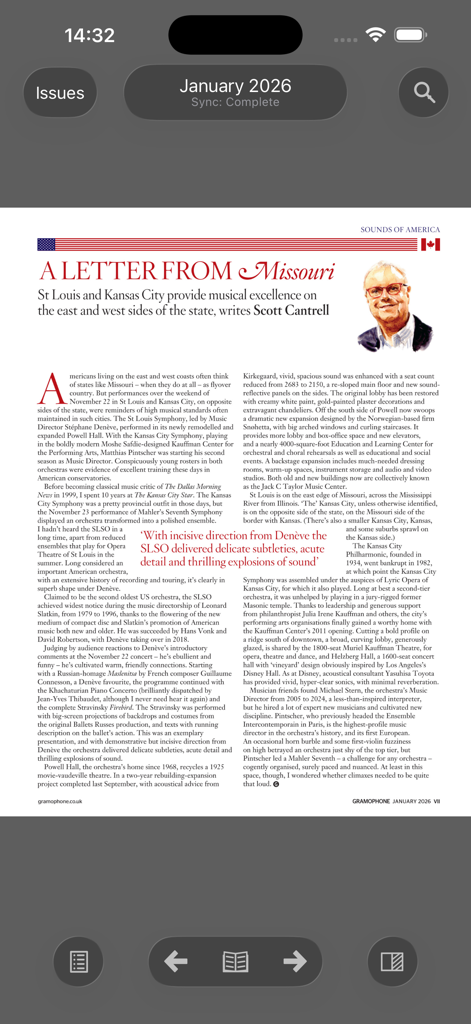 Digital page from Gramophone Magazine featuring a long-form article about classical music in Missouri