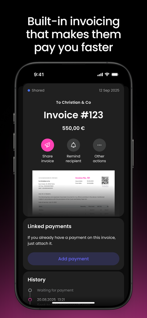 Finom • Business Account - Finom Geschäftskonto App-Bildschirm, der eine digitale Rechnung mit Optionen zum Teilen und zur Nachverfolgung von Zahlungen zeigt.