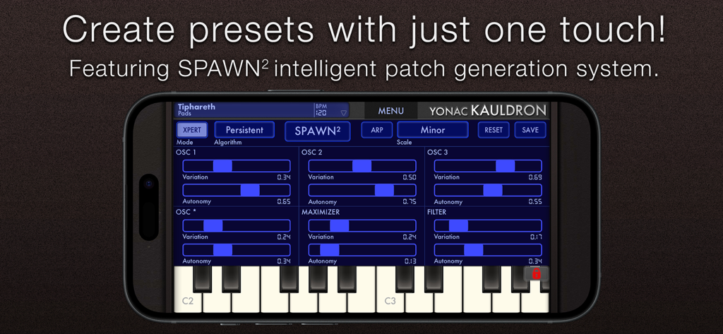 Smartphone screen displaying the Kauldron Synthesizer SPAWN 2 AI patch generation interface