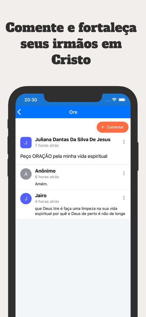 Harpa cristã com áudio: Hinos - Interface do aplicativo Harpa Crista mostrando um mural de oração comunitário com comentários e pedidos de usuários.