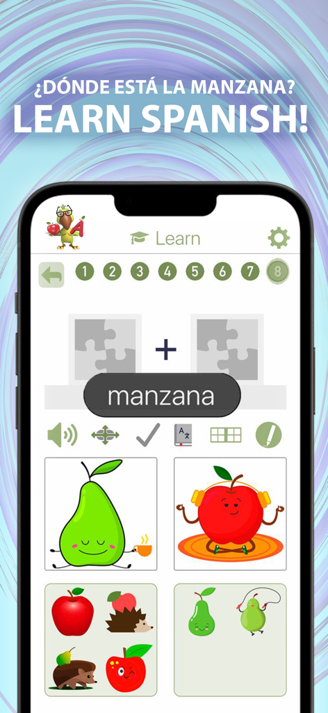 Language Learning ParryLingo - ParryLingo app screen showing a Spanish vocabulary lesson for children with a visual quiz for the word apple