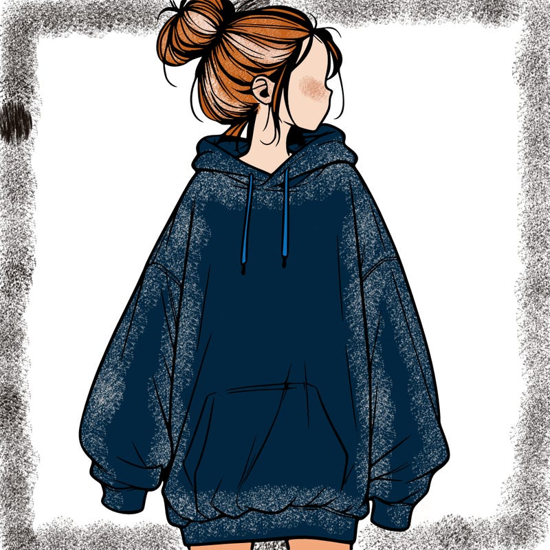 realistic girl with a oversized sweatshirt on and a bun