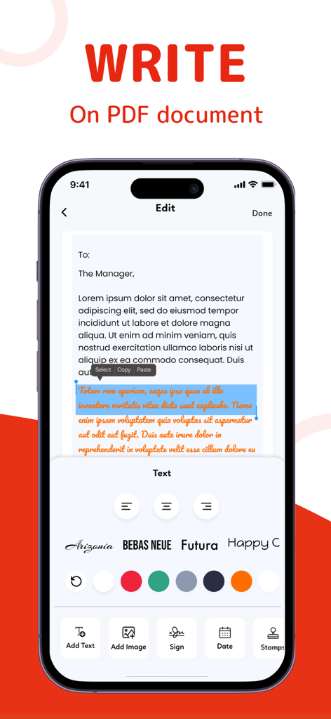 PDFドキュメントのテキストの書き込みと編集機能を示すモバイルアプリのインターフェイス