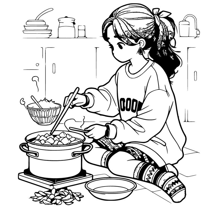 girl with sweatshirt and socks cooking, very realistic