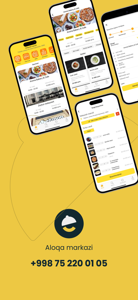 Yemak: Food delivery in Karshi - Multiple mobile screens showing the Yemak food delivery app interface with restaurant menus and order checkout