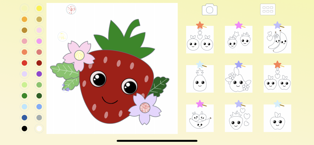 Fruit Coloring for Kid Toddler - Interface of a children coloring app featuring a smiling strawberry drawing and a color palette