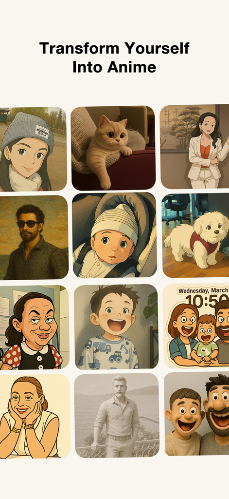 Cartoon Yourself: AI Photo - 人々やペットのために、アニメやスケッチなどのさまざまな芸術的スタイルに変換された写真のグリッド