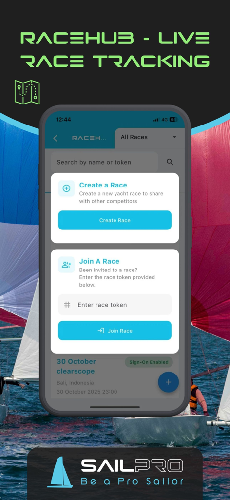 SailPro 앱 화면, RaceHub 라이브 레이스 추적 및 레이스 생성 또는 참여 옵션 표시