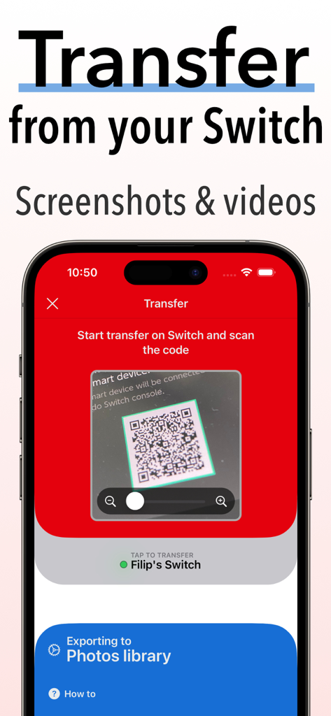 SwitchBuddy: Switch App - SwitchBuddy app showing the QR code scanning feature to transfer screenshots and videos from a Nintendo Switch console