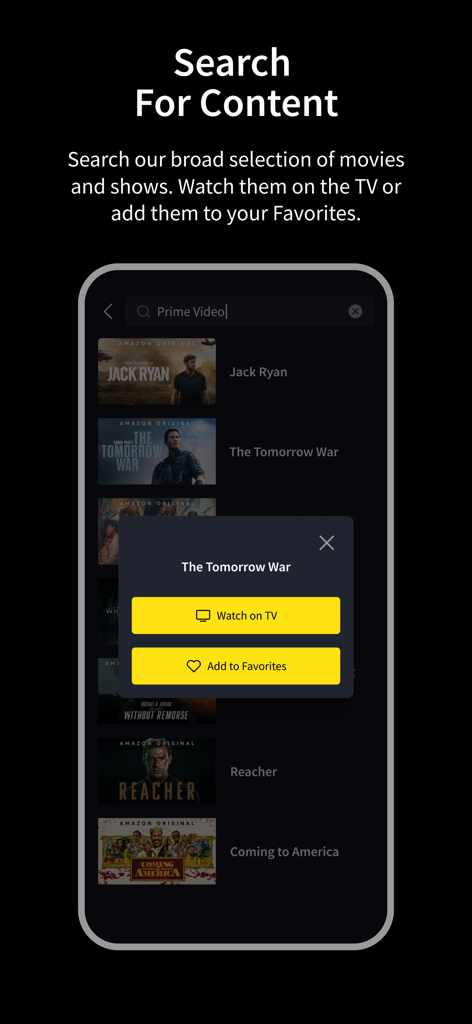 VIDAA - Bildschirm zur Inhaltsuche der VIDAA Smart Remote App mit Filmoptionen wie Watch on TV und Add to Favorites