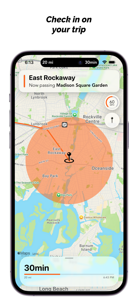 LIRR Destinations - Interface do aplicativo LIRR Destinations mostrando um mapa de rastreamento de trem ao vivo com um alerta de proximidade para East Rockaway.