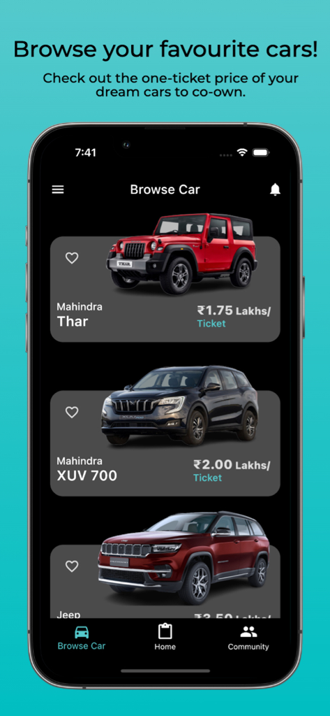 Prorata: Co-Own Your Dream Car - Prorata mobile app browse car screen displaying luxury SUV models with fractional ownership ticket prices.