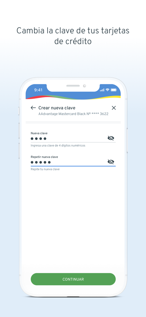 Pantalla de la aplicación móvil Bci para crear o cambiar una nueva contraseña de tarjeta de crédito