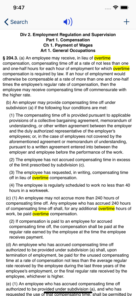 CA Labor Code 2026 - California Labor Code app displaying Section 204.3 regarding overtime compensation with highlighted keywords.