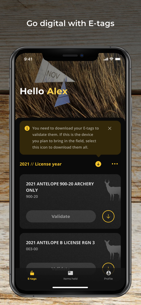 Montana MyFWP app screen displaying digital hunting licenses and harvest validation tags