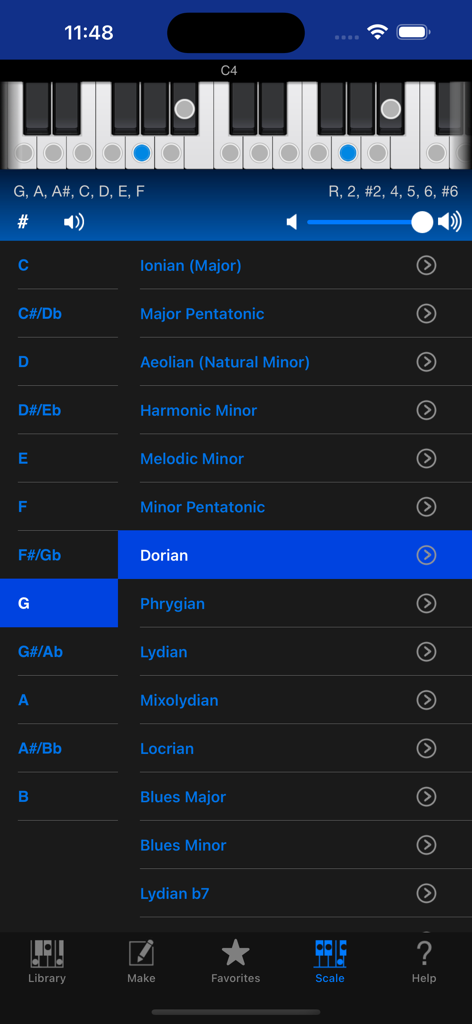 Piano Kit - Piano Chords - Piano Kit app interface showing the G Dorian scale selection with a virtual keyboard highlighting specific notes