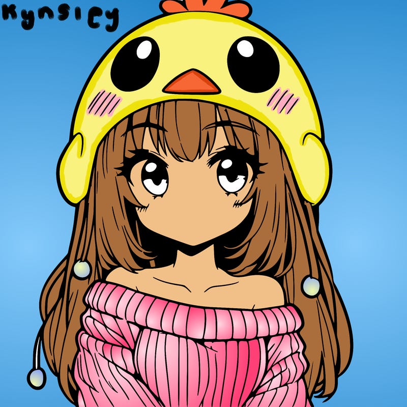 anime girl with chick shaped hat with sweater with bare shoulders with bangs covering them one eye with low tail