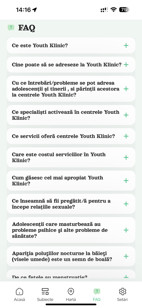 Frequently Asked Questions section of the YK reproductive health mobile app