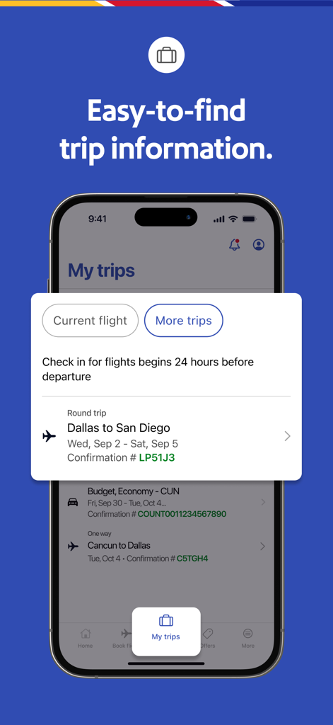 Southwest Airlinesのモバイルアプリに、My Trips画面にフライト詳細と旅行情報が表示されています。